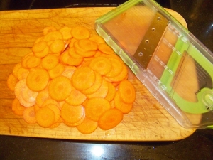 Carrots, planed on the mini-mandoline. I then cut the "coins" in half.